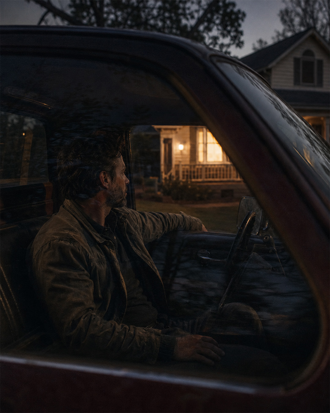 A man sits alone in his parked truck in the driveway at dusk, one hand on the wheel, looking at his lit house.