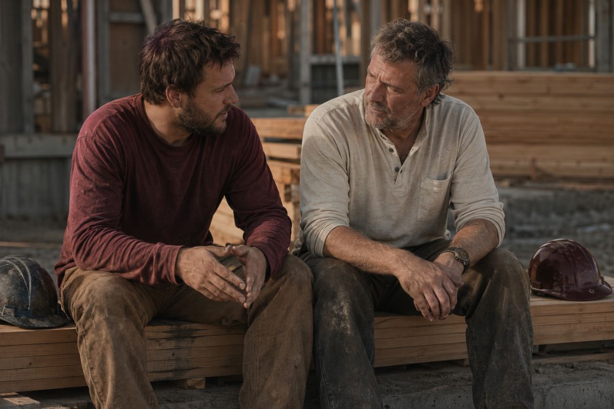 Two men on a break at a job site, one about thirty and one in his fifties, sitting on stacked lumber as the younger one says something real and the older one listens.