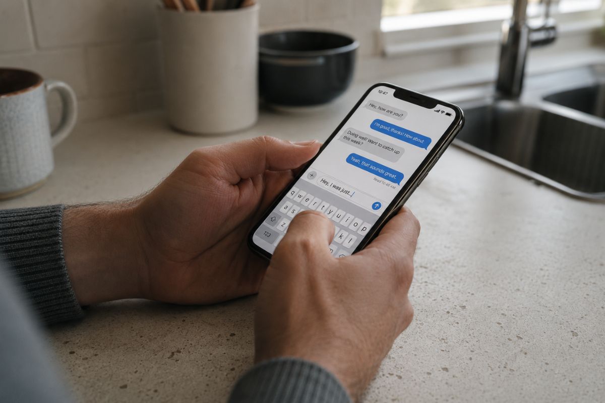 Close-up of a man's hands at a kitchen counter reworking a half-typed message on his phone, editing which version of himself to send.