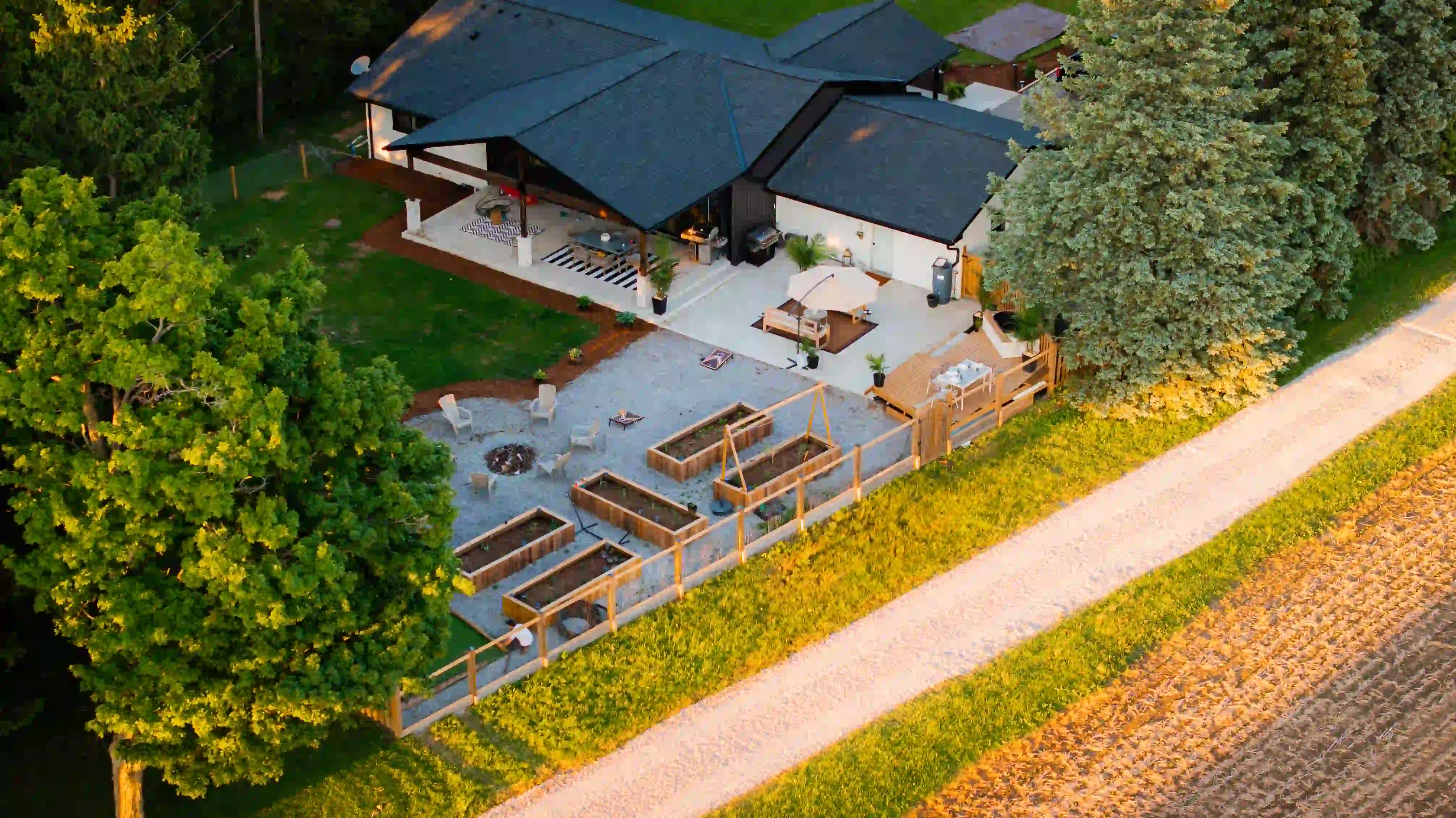 Aerial view of The White House luxury countryside retreat in Caledonia Ontario