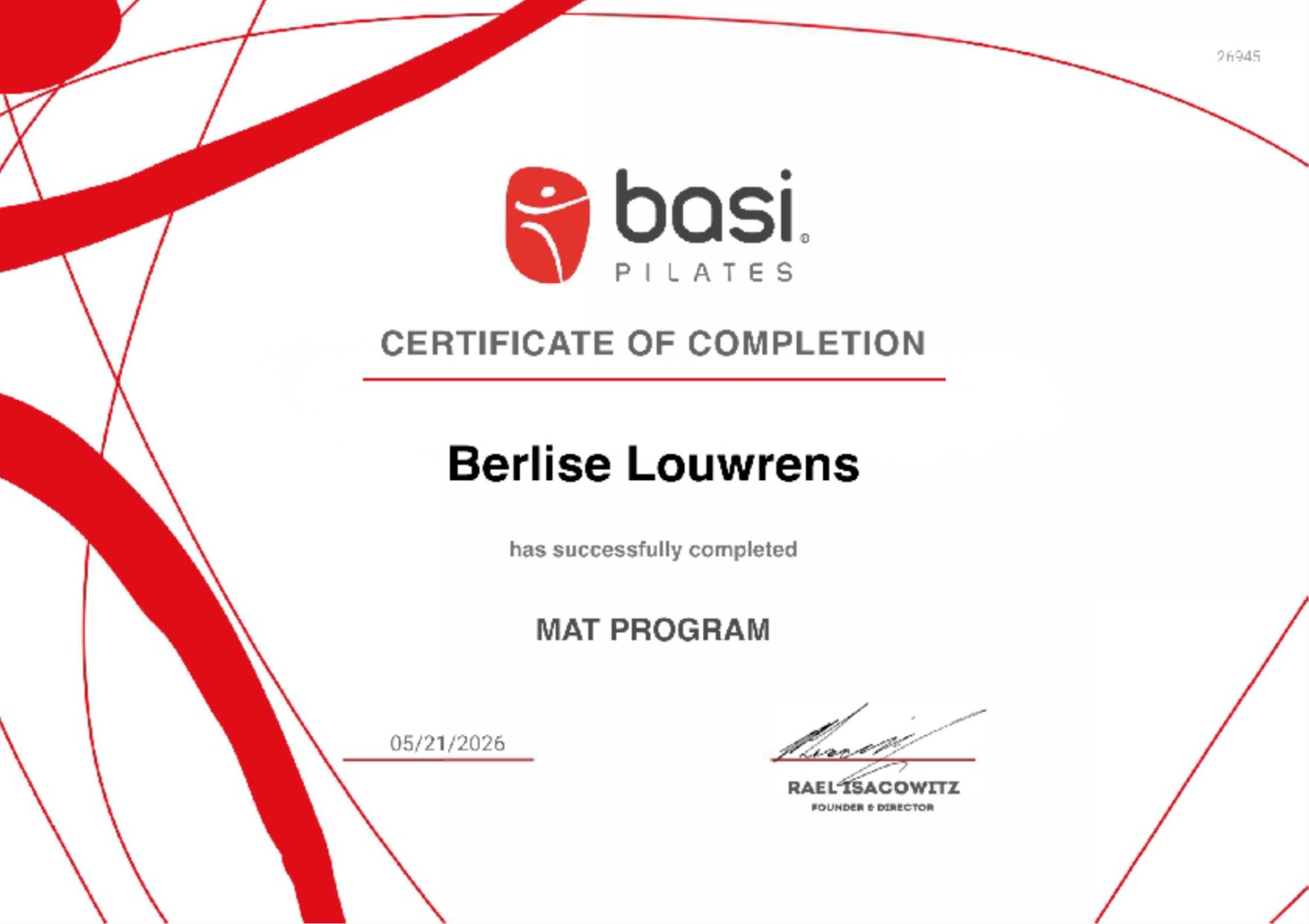 Berlisé Louwrens certificate