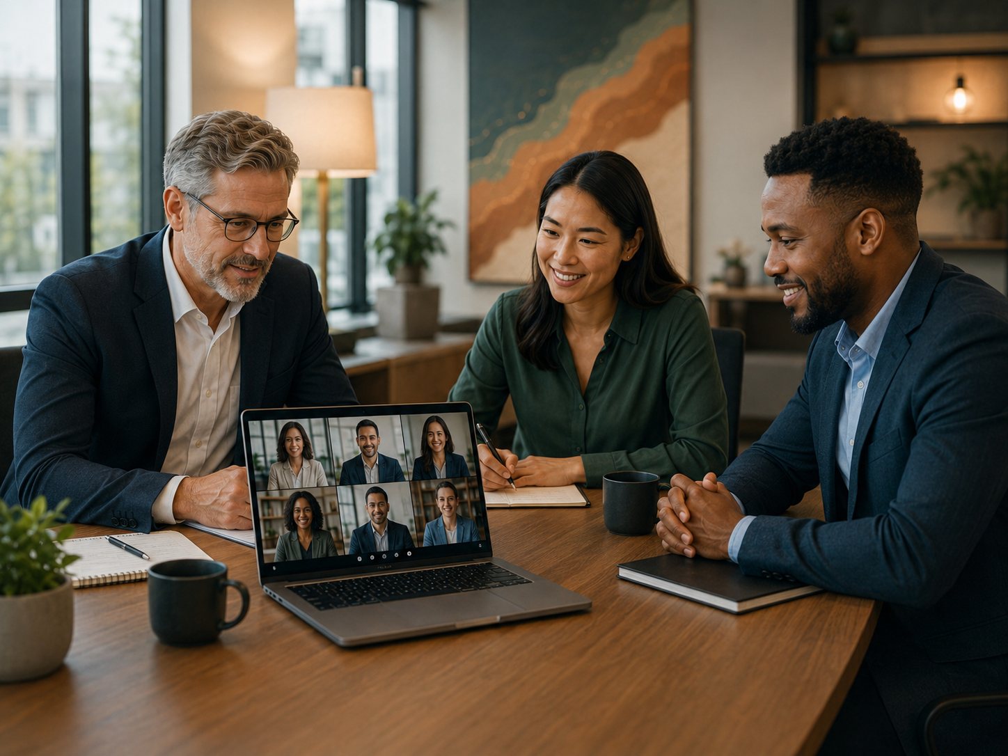 Professionals collaborating with remote participants visible on a laptop screen
