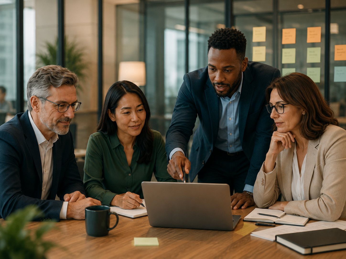 A leadership team reviewing AI workflow results together