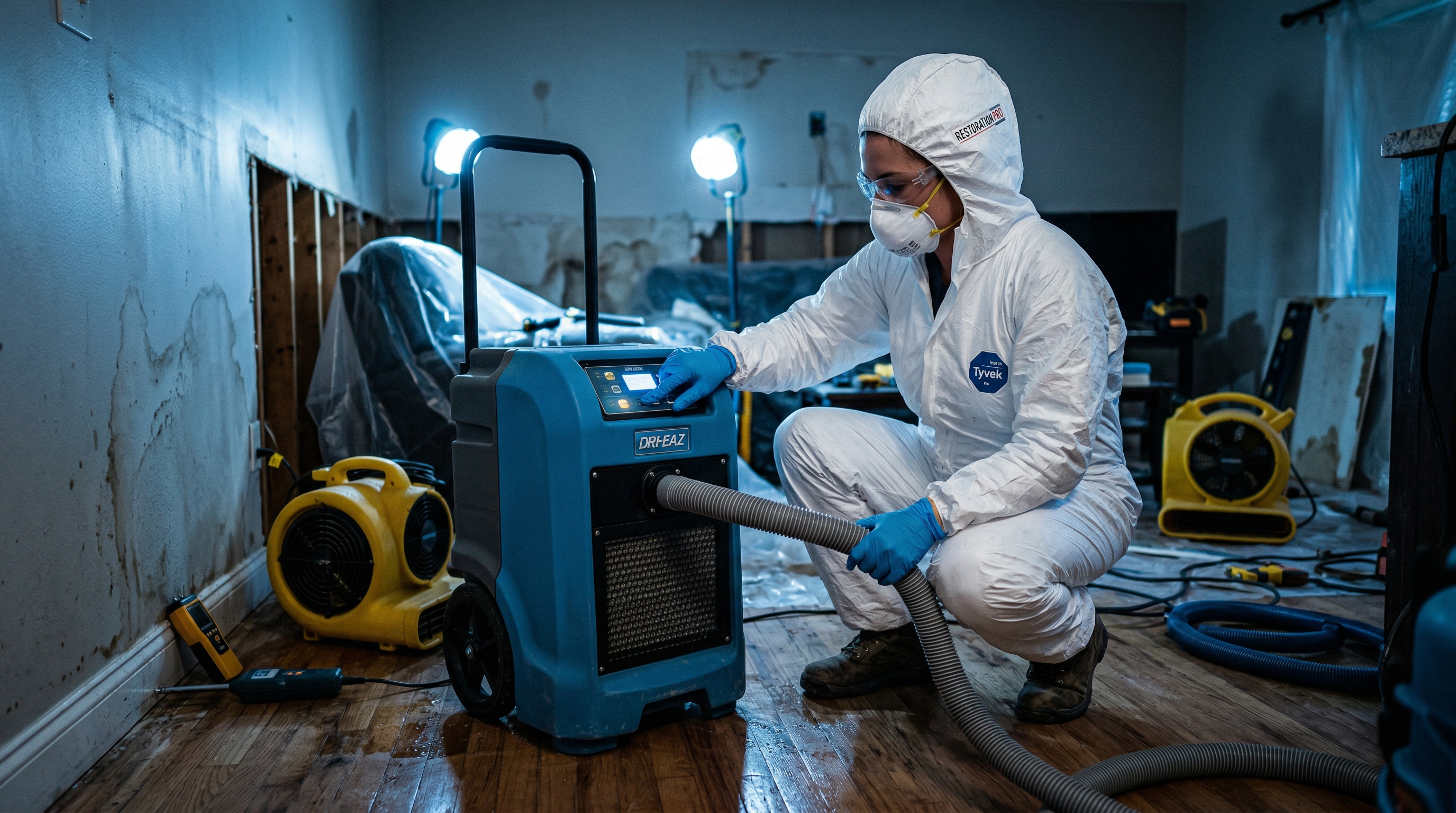Water damage restoration professional using industrial dehumidifier