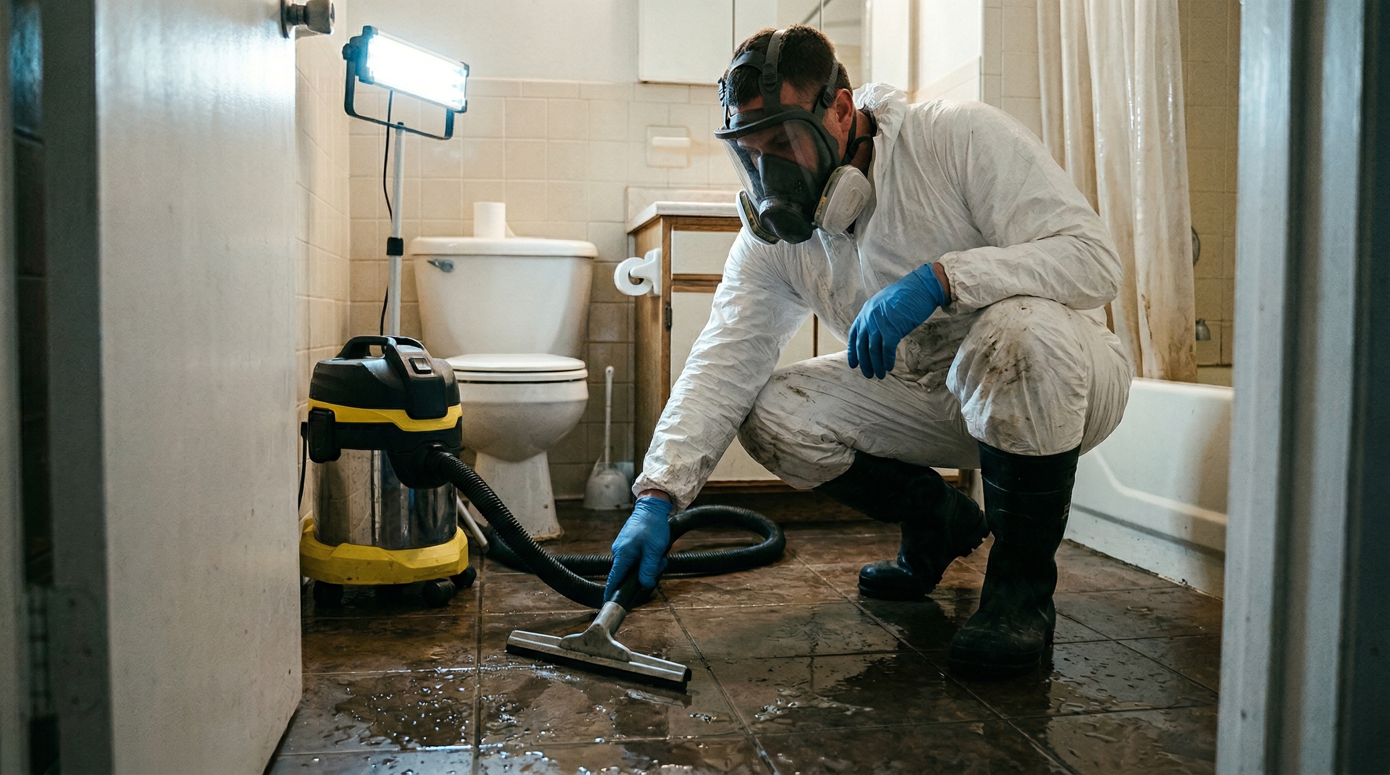 Sewage cleanup technician extracting contaminated water from residential bathroom