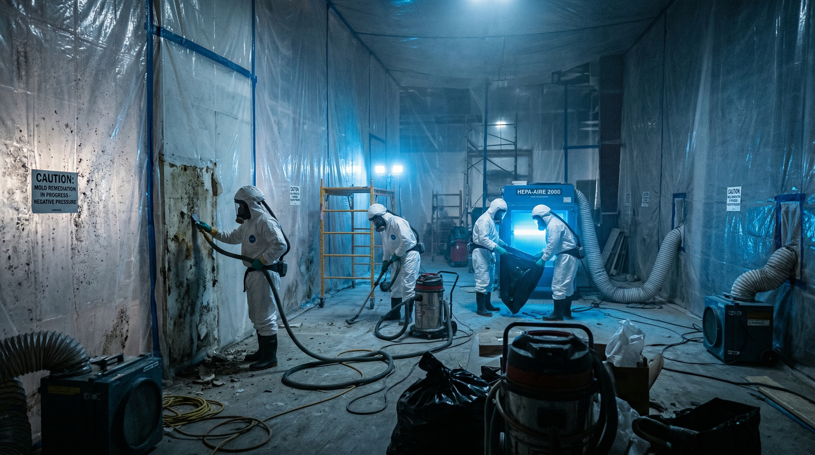 Mold remediation team in hazmat suits with containment barriers