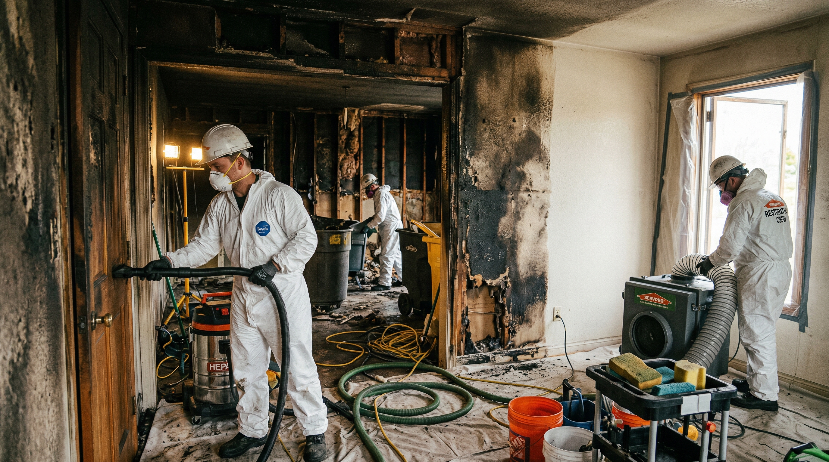 Fire damage restoration crew cleaning soot and smoke damage