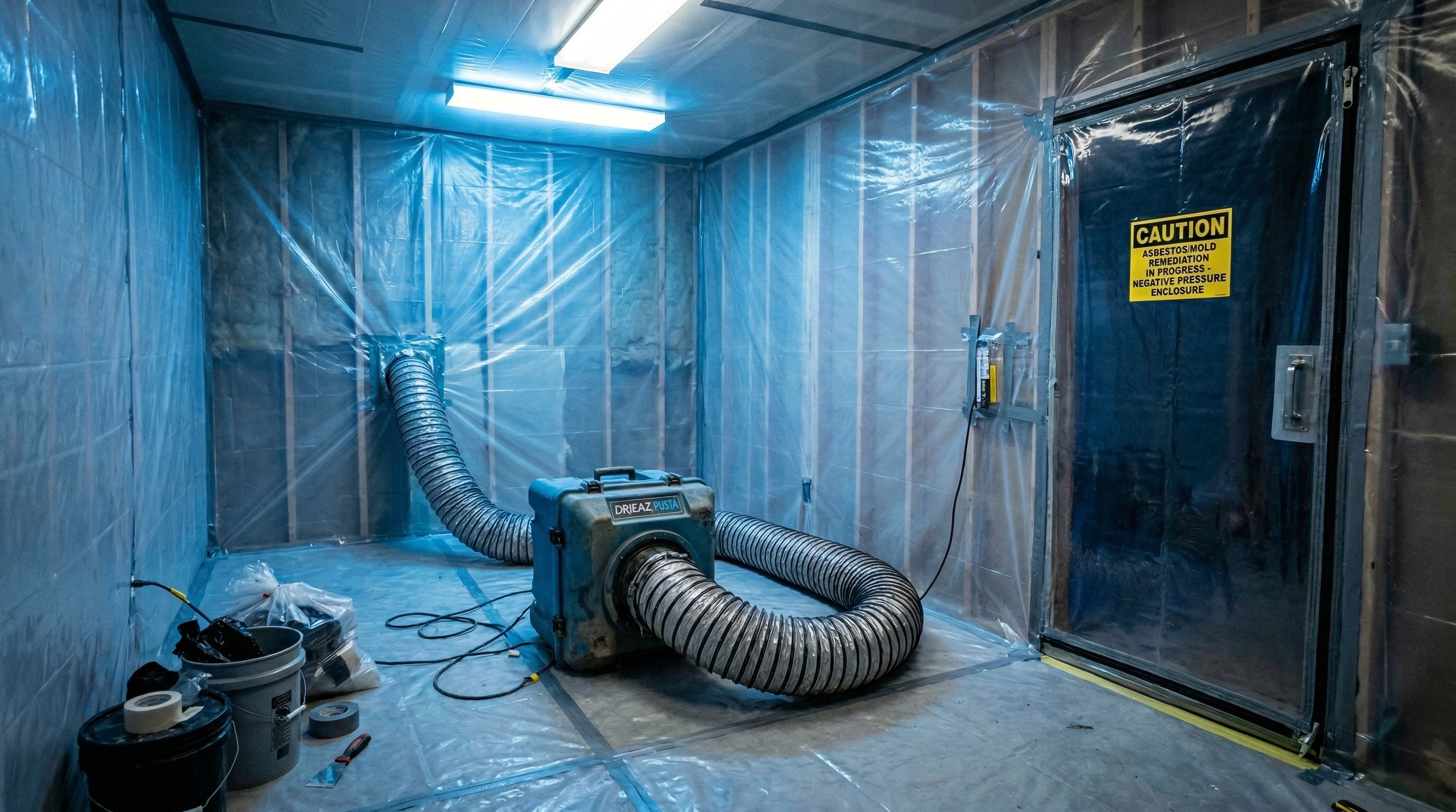Negative pressure containment chamber with HEPA air scrubber and plastic sheeting