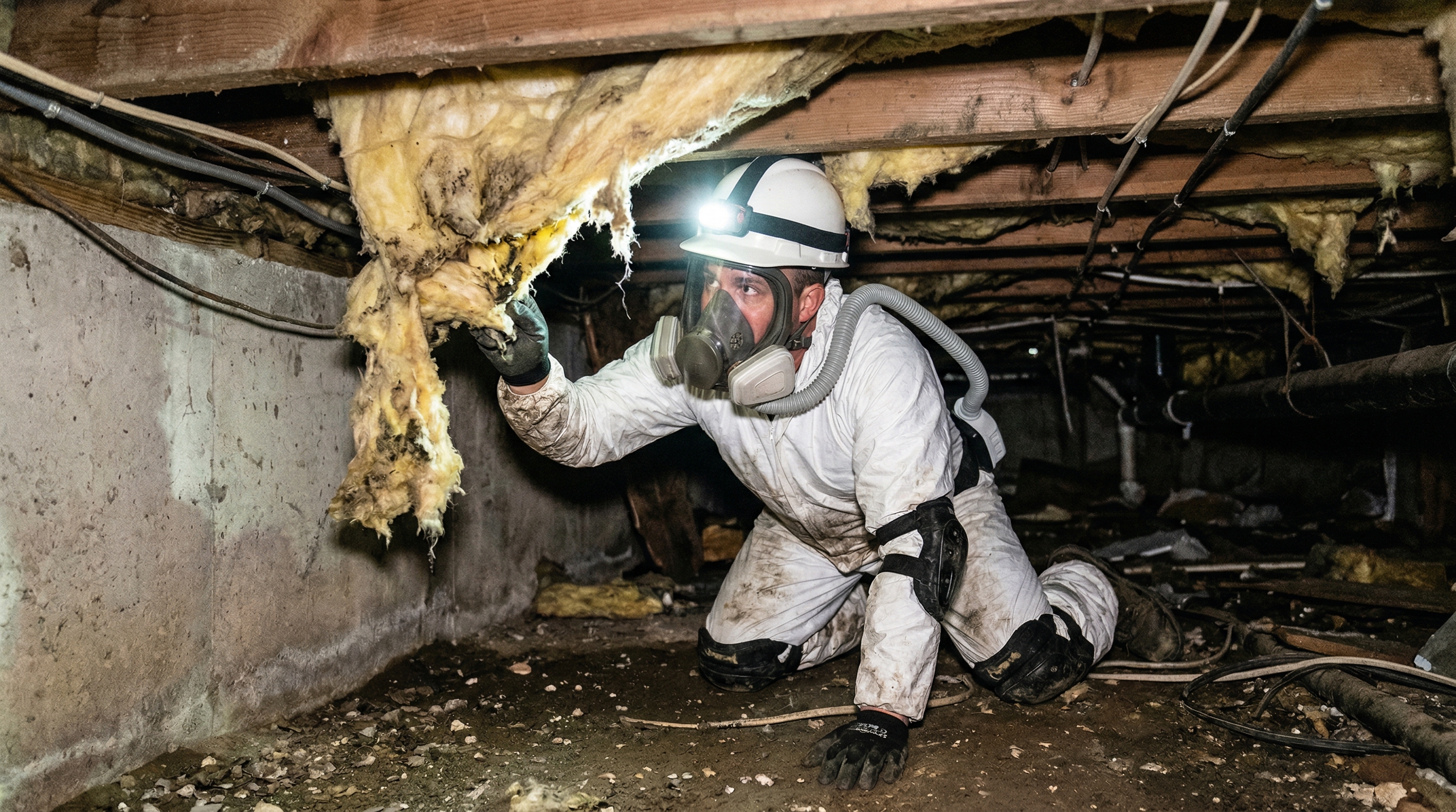 Technician in respirator inspecting damaged insulation in crawlspace