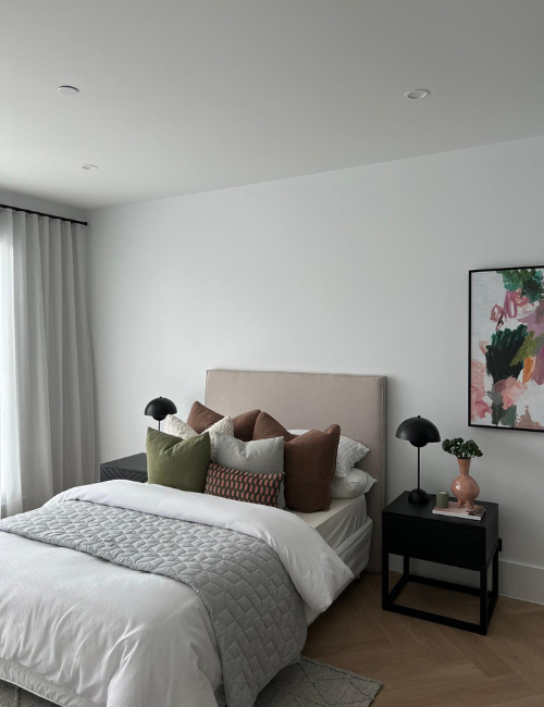 Alternate bedroom view with white fire sprinklers blending into white ceiling