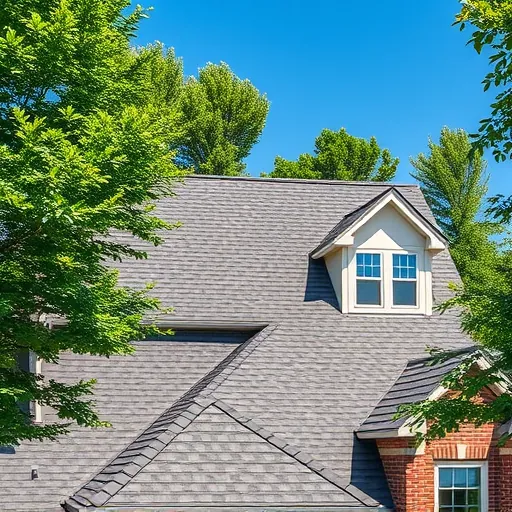 Completed roofing project in Bessemer AL showcasing detailed shingles and bright atmosphere with lush trees and blue sky.