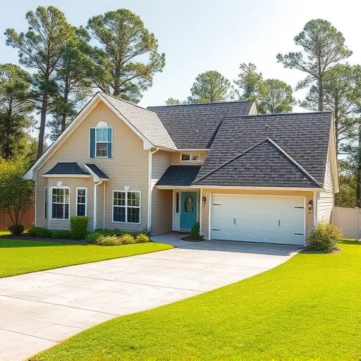 Newly installed charcoal shingles on a suburban home in Argo, AL, with beige paint and paver driveway, surrounded by greenery.