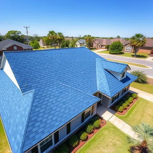Vibrant blue asphalt shingle roof on a modern suburban house in Gardendale AL with manicured yard and clear sky.