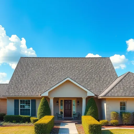 Completed roofing project in Pelham AL with dark gray and brown shingles on a suburban home under a blue sky.