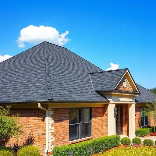 Completed roofing project in Liberty Park AL with dark asphalt shingles, vibrant landscaping, and a clear blue sky.
