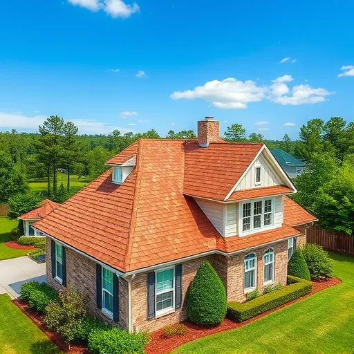 Perfectly finished residential roof in Clay Alabama with warm asphalt shingles, detailed craftsmanship, lush landscape, and clear daytime sky