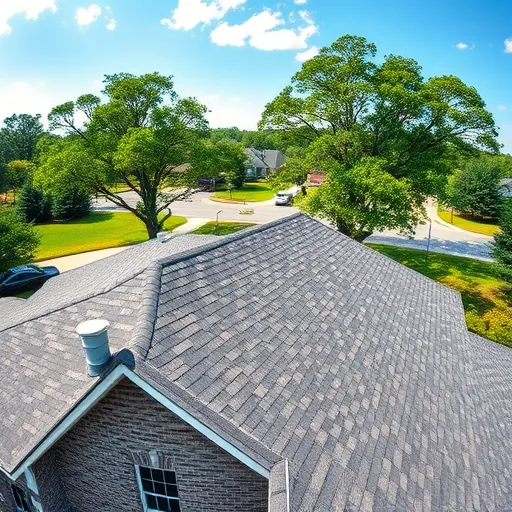 Completed asphalt shingle residential roof in Trussville Alabama with detailed craftsmanship, lush trees, and clear blue sky