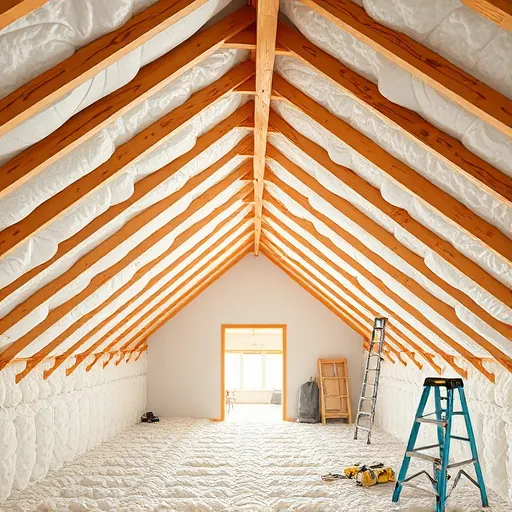 Cross-sectional view of a clean, well-organized attic with high-quality fiberglass or spray foam roof insulation, showcasing craftsmanship and structural elements