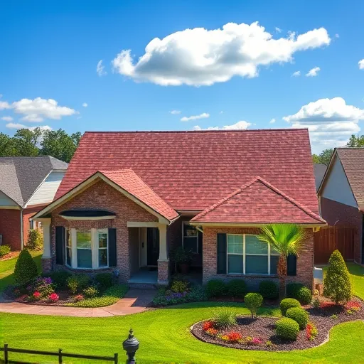 Completed roofing project in Meadowbrook AL with vibrant homes, lush landscaping, and a clear blue sky.