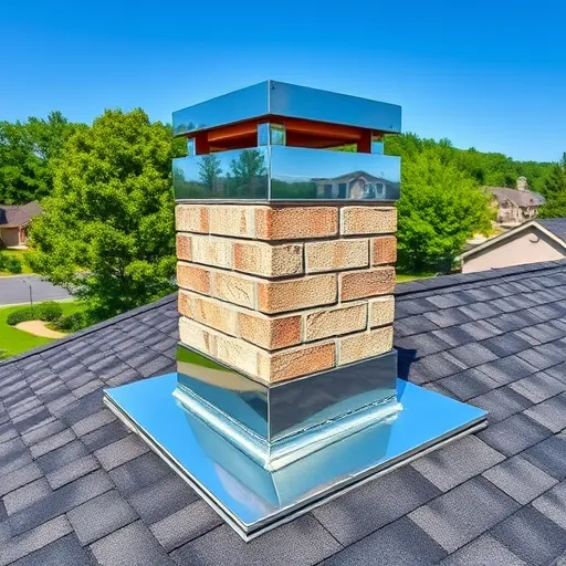 Newly installed galvanized steel chimney flashing on a house in Trussville Alabama with shiny metal details and a suburban background
