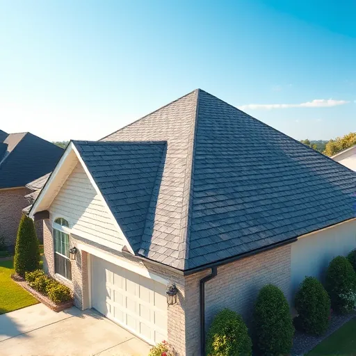 Freshly installed slate-gray shingle roof on a modern suburban home in Greystone Alabama with lush lawns and clear blue sky