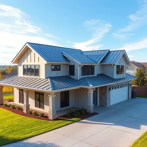 Freshly installed steel roof on modern home in Trussville Alabama with sleek panels, lush yard, and clear sky