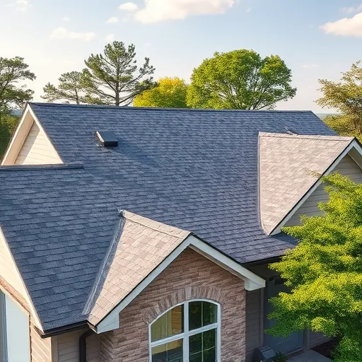 Newly installed gray asphalt shingle roof on modern home in Trussville AL with detailed craftsmanship, lush landscaping, and clear sky