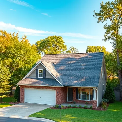 Completed residential roof in Odenville AL with gray brown asphalt shingles, lush neighborhood, and vibrant landscaping