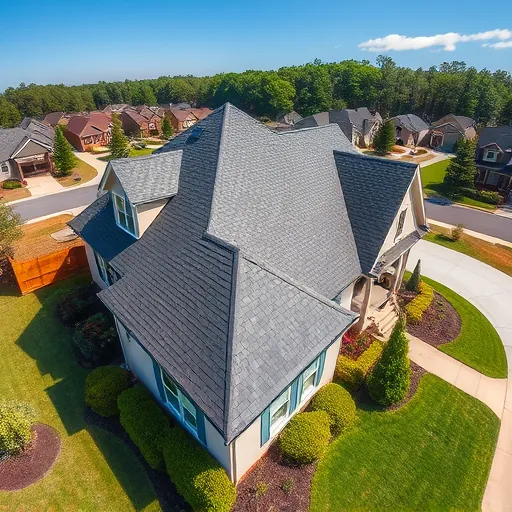 Newly installed residential roof in Gardendale Alabama with charcoal gray shingles, dormer windows, chimney, and solar panels amid lush landscaping under a clear blue sky
