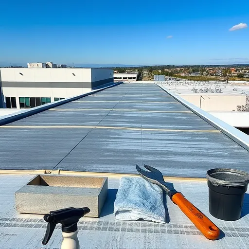 Close-up of waterproofed commercial roof with detailed textures, new coatings, and neat tools in Trussville Alabama