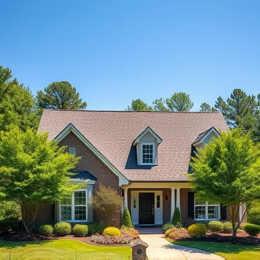 Beautiful asphalt shingle roof on a Homewood AL home surrounded by greenery and blooming flowers under a blue sky.