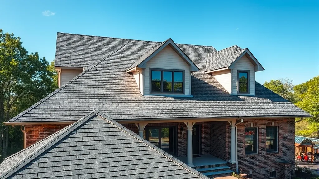 Roofing project completed in Lake Purdy, AL with shingles and a clear blue sky in the background.