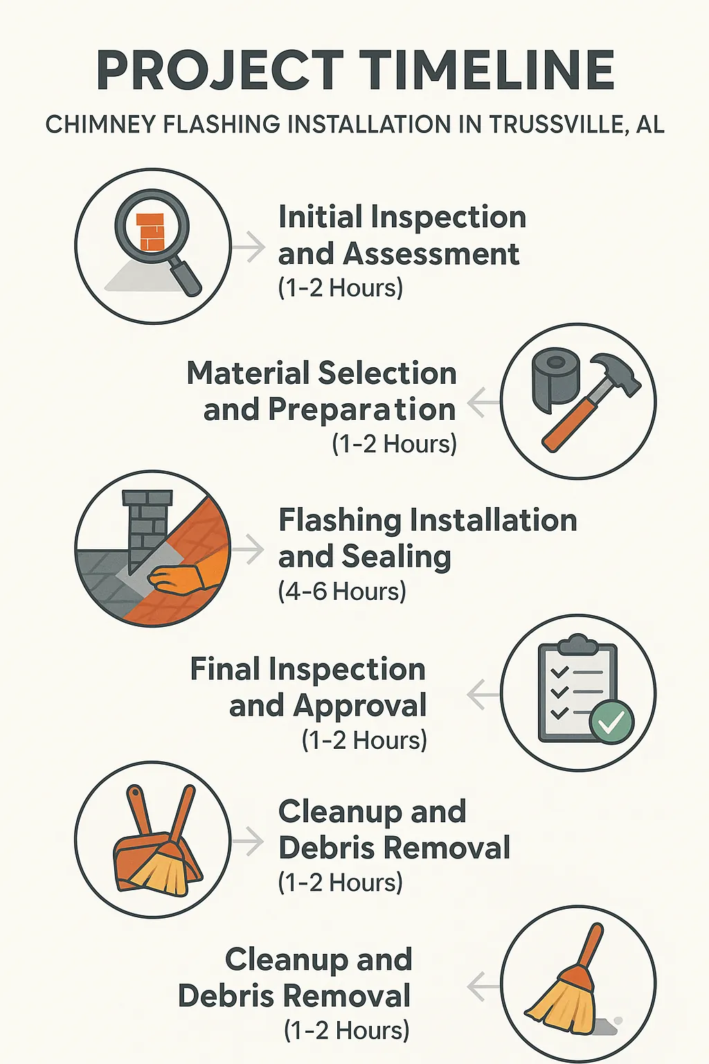 Infographic depicting a five-step timeline for chimney flashing installation in Trussville AL with clear visuals and minimal text.