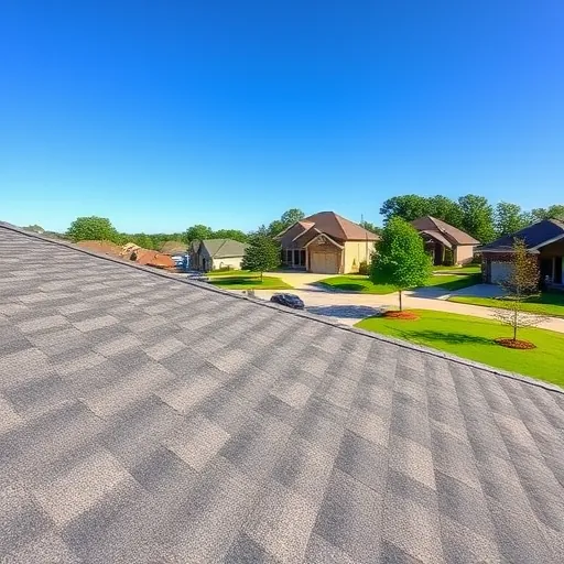 Close-up of a new asphalt shingle roof in Margaret Alabama under clear blue sky, with lush neighborhood background highlighting quality craftsmanship