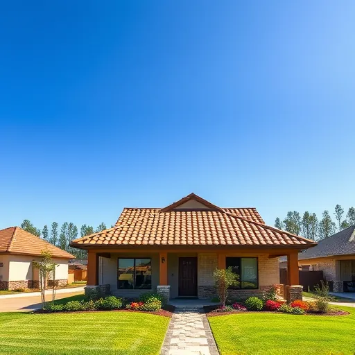 Modern home in Clay AL with freshly installed clay tile roof, landscaped garden, and clear blue sky backdrop.