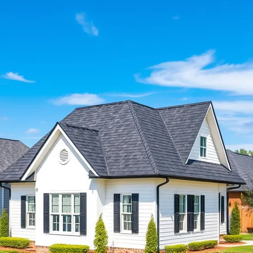 Completed roofing project in Center Point AL with modern design, charcoal shingles, bright sky, and charming home backdrop.