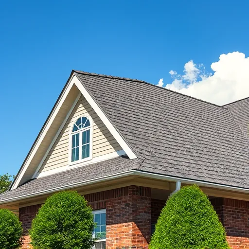 Completed roofing project in Pinson AL featuring a gable roof with deep charcoal and taupe shingles, under a blue sky.