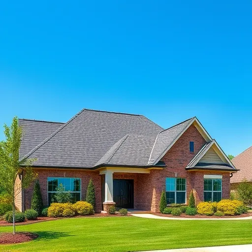 Completed roofing project in Meadowbrook AL showcasing a modern sloped roof with dark shingles and lush landscaping.