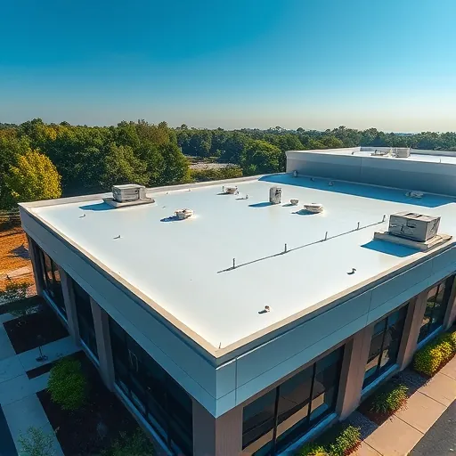 Complete flat roof replacement on modern commercial building in Trussville Alabama with clean seams and smooth surface
