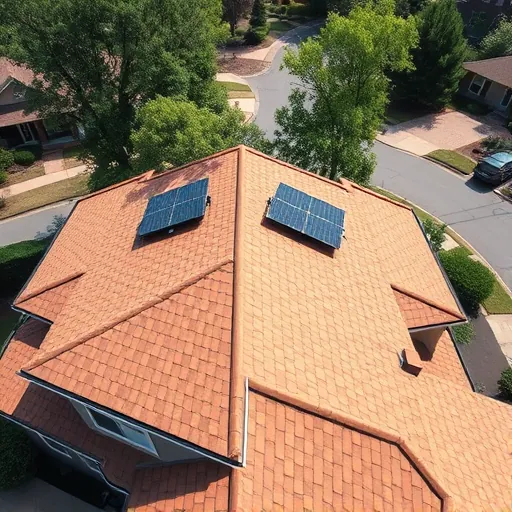 Finished residential roof with earth-tone shingles, solar panels, gutters, lush greenery, and a sunny suburban setting