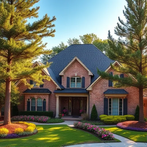 Beautifully installed dark gray shingle roof on a brick house in Mountain Brook AL with lush gardens and blue sky.