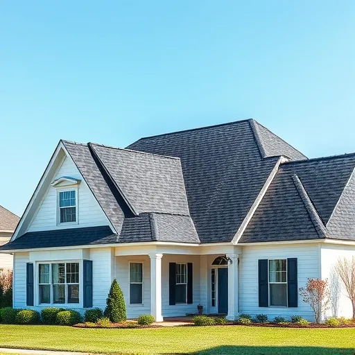 Completed asphalt shingle roof in Trussville, AL, featuring charcoal tones and modern architecture under a blue sky.