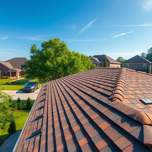 Completed residential roof in Leeds AL with earthy shingles, lush trees, clear sky, and suburban neighborhood background