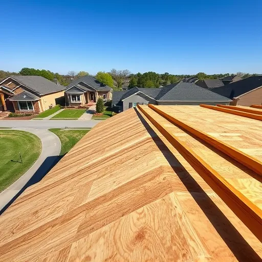 Newly replaced roof decking with wooden beams and plywood on a suburban home in Trussville Alabama under bright midday sunlight