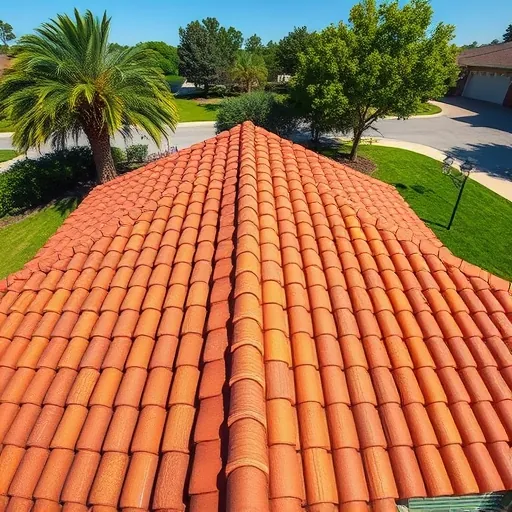 Freshly installed terracotta tile roof on suburban home in Trussville Alabama with lush lawn and clear blue sky