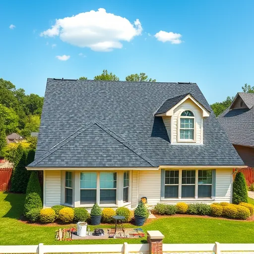 Completed roofing project in Kimberly AL featuring dark charcoal asphalt shingles on a cream-colored home with green landscaping.