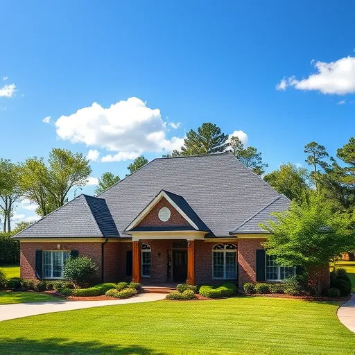 Completed roofing project in Greystone AL, showcasing a modern home with a dark roof, green trees, and manicured landscaping.