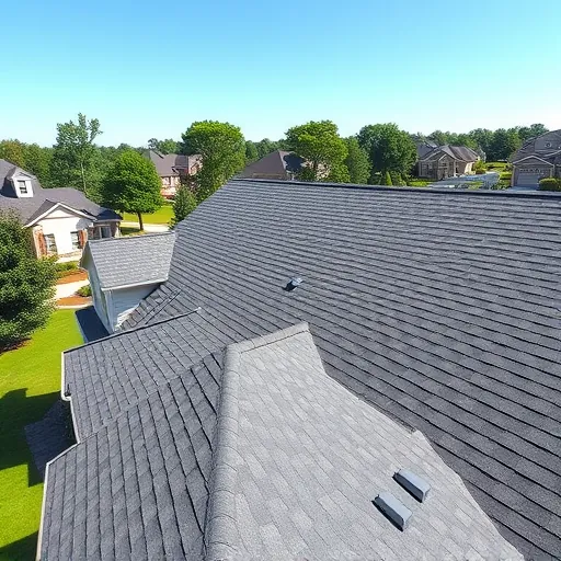 Newly completed charcoal gray asphalt shingle roof on modern house in Fultondale Alabama with lush lawns and blue sky