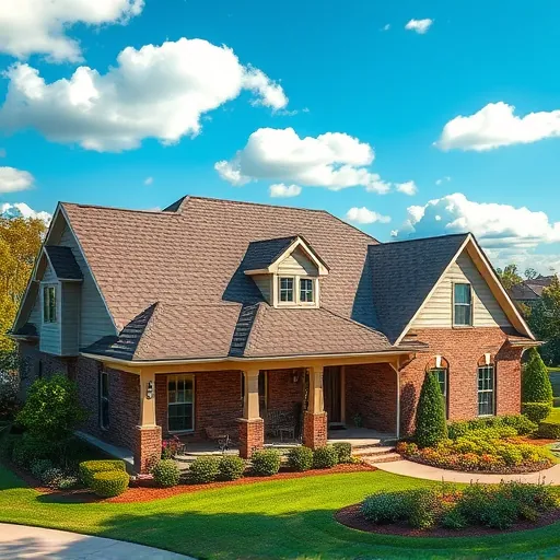 Roofing project in Chelsea AL featuring quality shingles on a stylish home with meticulous landscaping and bright blue sky.
