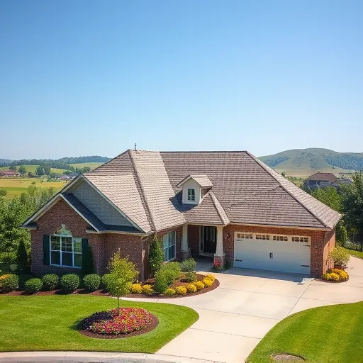 Completed roofing project in Meadowbrook AL with vibrant landscaping, exquisite shingles, and serene blue sky.